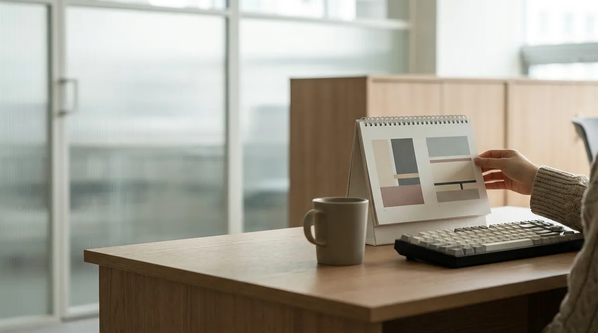 세금계산서 발행 기한을 표시한 탁상 달력과 공유오피스 데스크